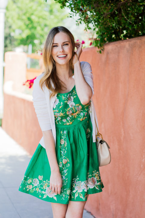 Miss USA 2011 Alyssa Campanella of The A List blog wearing ASOS Premium Embroidered Dress and Banana Republic Vee Cardigan