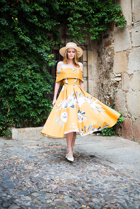 Miss USA 2011 Alyssa Campanella of The A List blog wears an ASOS premium bardot dress in Càceres, Spain