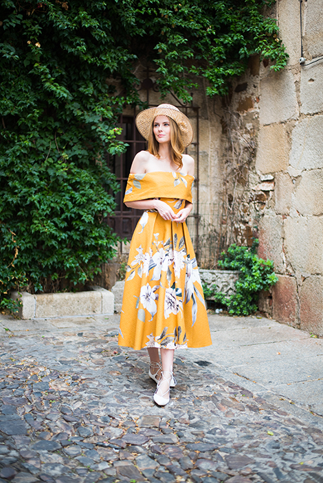 Miss USA 2011 Alyssa Campanella of The A List blog wears an ASOS premium bardot dress in Càceres, Spain
