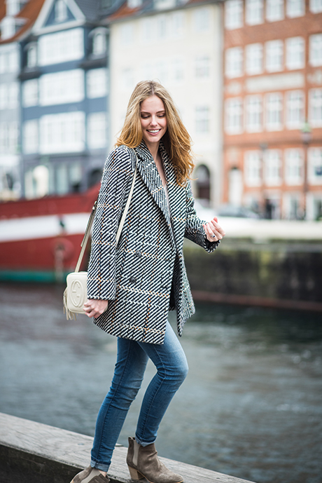 Miss USA 2011 Alyssa Campanella of The A List blog wearing Theory Graphic Tweed Coat and Gucci Soho Disco bag at Nyhavn in Copenhagen
