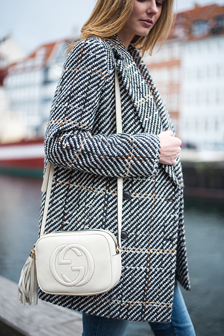 Miss USA 2011 Alyssa Campanella of The A List blog wearing Theory Graphic Tweed Coat and Gucci Soho Disco bag at Nyhavn in Copenhagen 