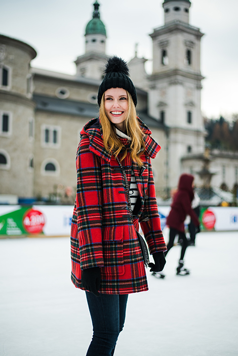 Miss USA 2011 Alyssa Campanella of The A List blog visits Salzburg, Austria Christmas markets wearing Gloverall Tartan Freda coat