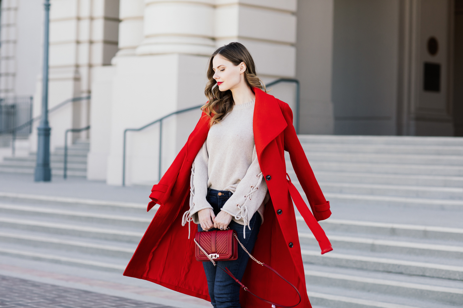 Alyssa Campanella of The A List blog wears Yumi Kim Undercover Red Coat, Jeffrey Campbell Siren boots, and See by Chloe lace up sweater
