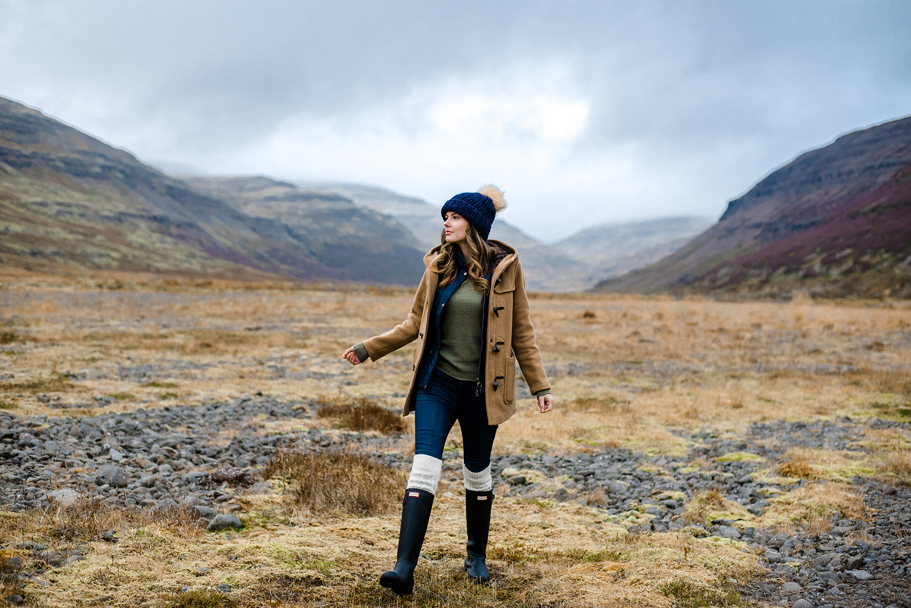 Alyssa Campanella of The A List on a road trip to Siglufjörður, Iceland wearing Gloverall Monty Duffle Coat