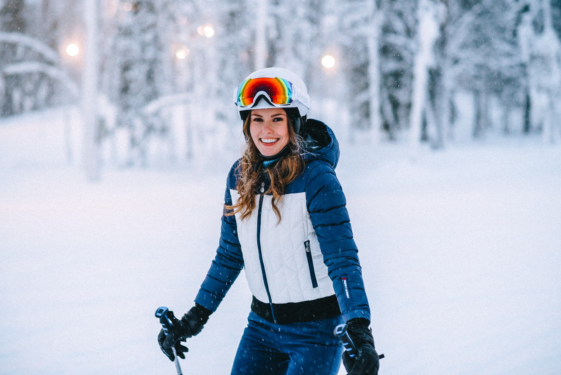 Alyssa Campanella of The A List blog goes skiing in Levi, Finland wearing Perfect Moment Cordon Jacket and Isola suspenders