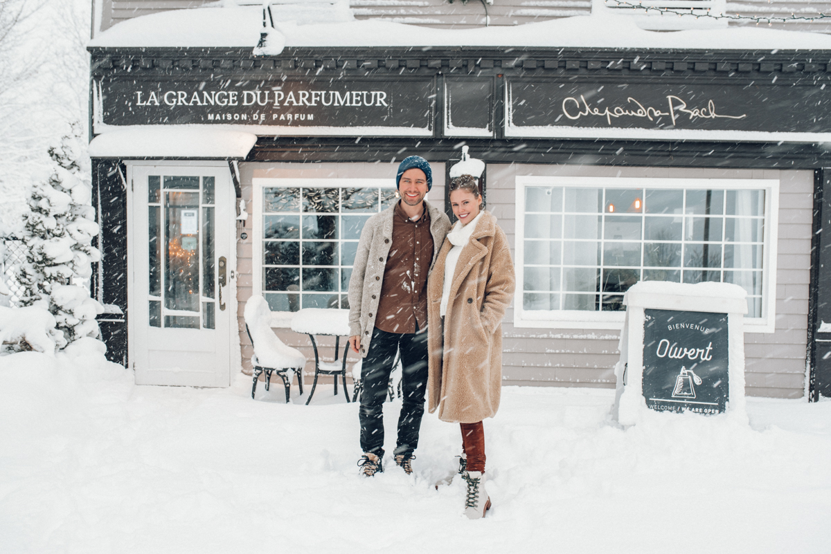 Torrance Coombs and Alyssa Campanella of The A List blog visits La Grange du Parfumeur in Québec wearing Iorane sweater, Joseph suede pants, and Frye Samantha hiker boots