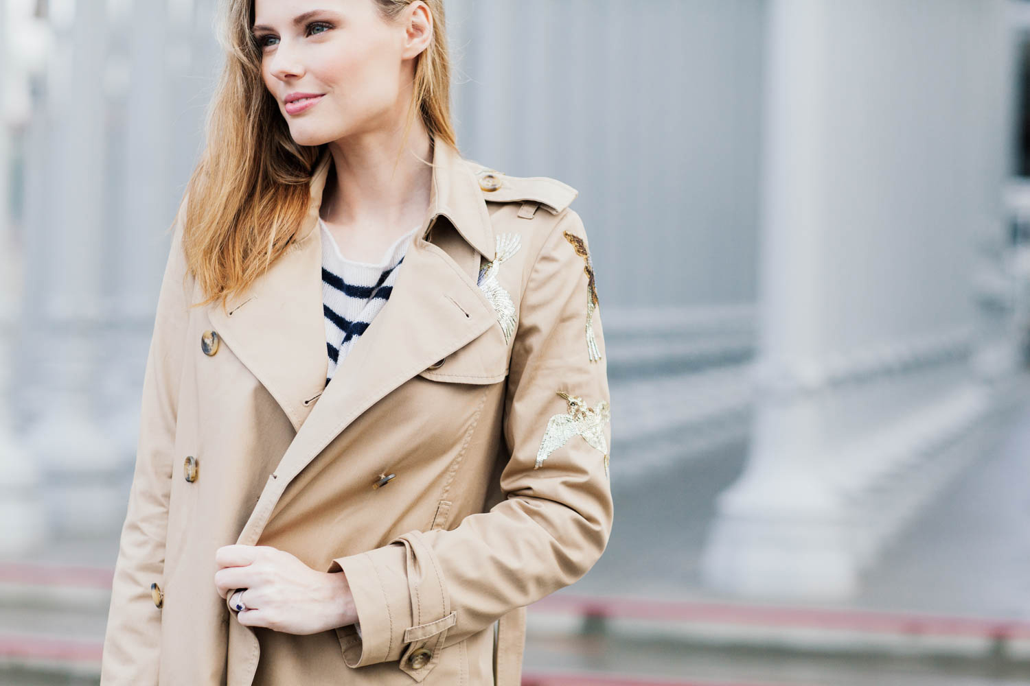 Miss USA 2011 Alyssa Campanella of The A List blog wearing REDValentino Dazzling Birds Trench Coat in Los Angeles