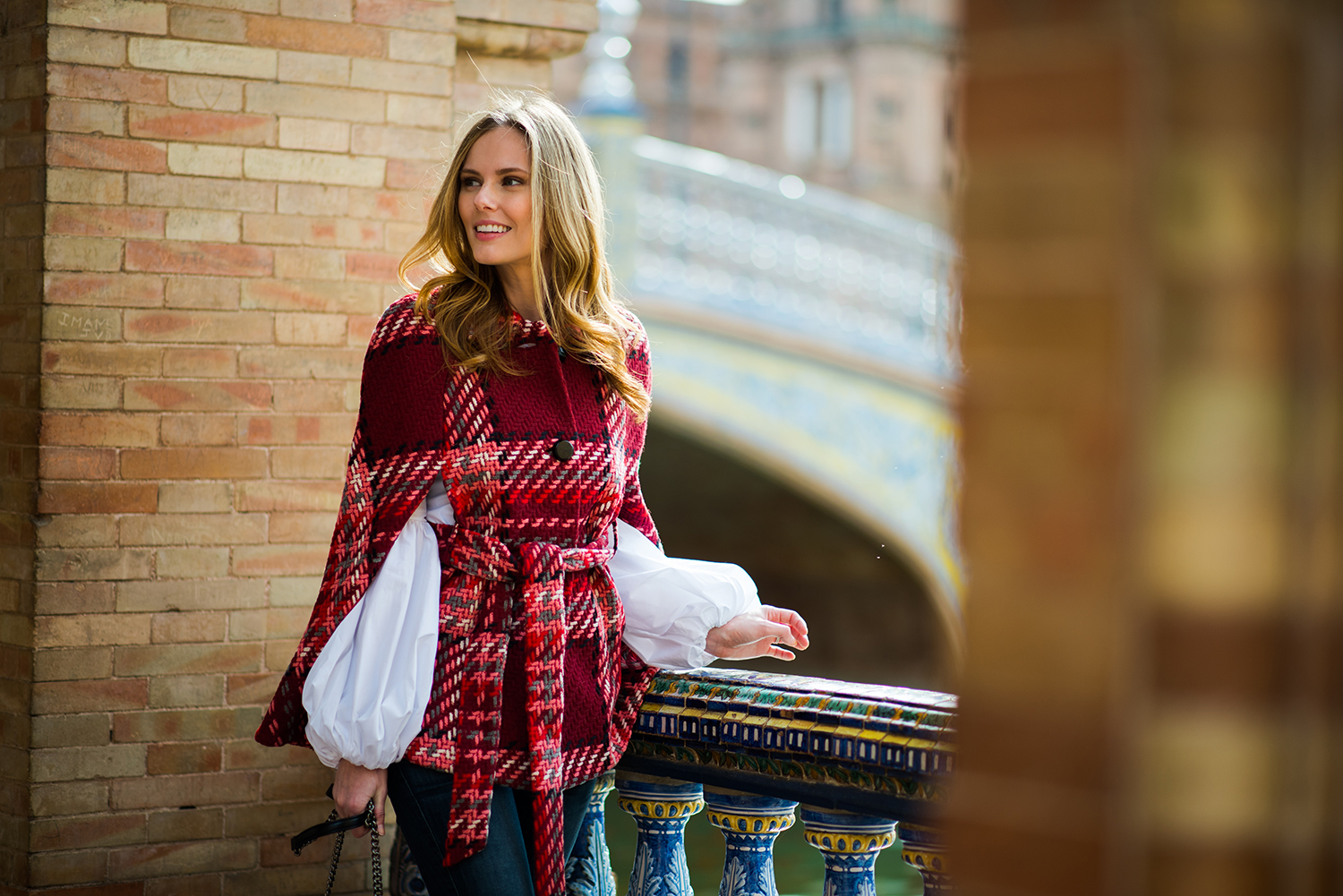 Miss USA 2011 Alyssa Campanella of The A List blog visits Seville, Spain wearing Kate Spade Chunky Plaid Cape