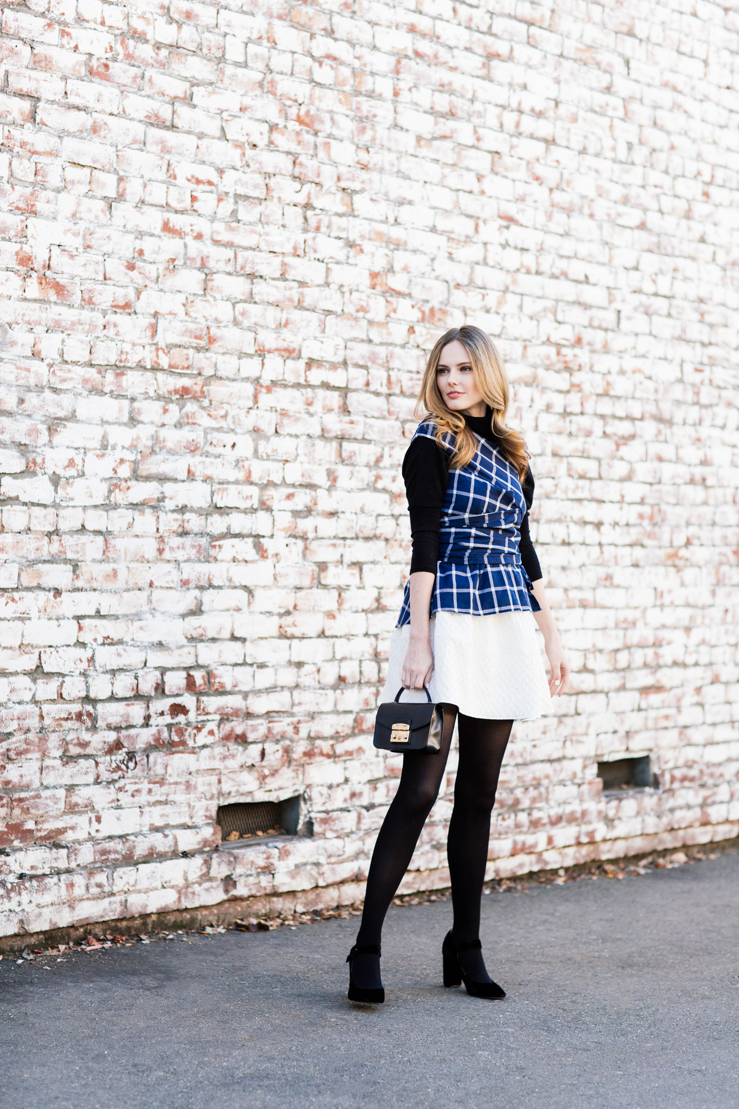 Miss USA 2011 of The A List blog wearing Stylekeepers plaid wrap top and Marc Fisher Shaylie heels