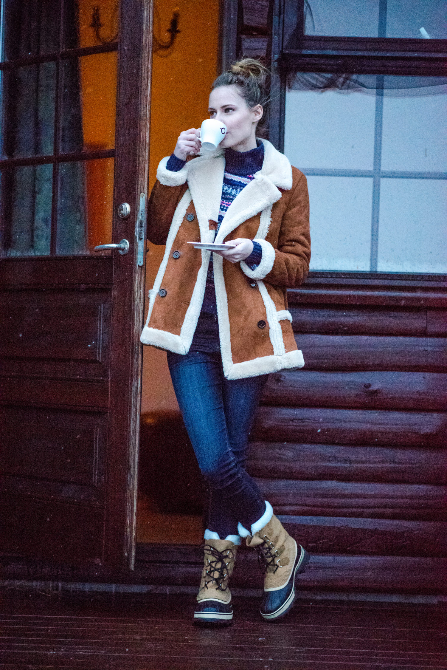 Miss USA 2011 Alyssa Campanella of The A List blog wearing Topshop Faux Shearling Coat and Sorel Caribou Boots at Hotel Rangá in Iceland