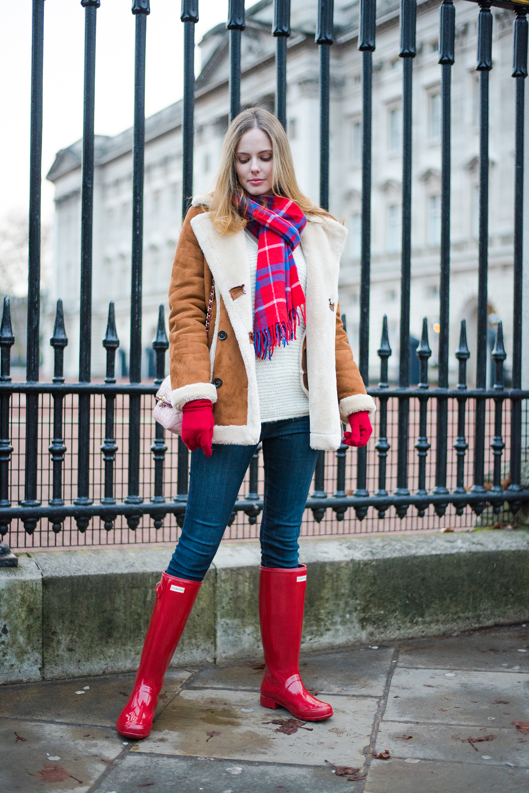 Miss USA 2011 Alyssa Campanella of The A List blog wearing Topshop Faux Shearling Coat at Buckingham Palace in London