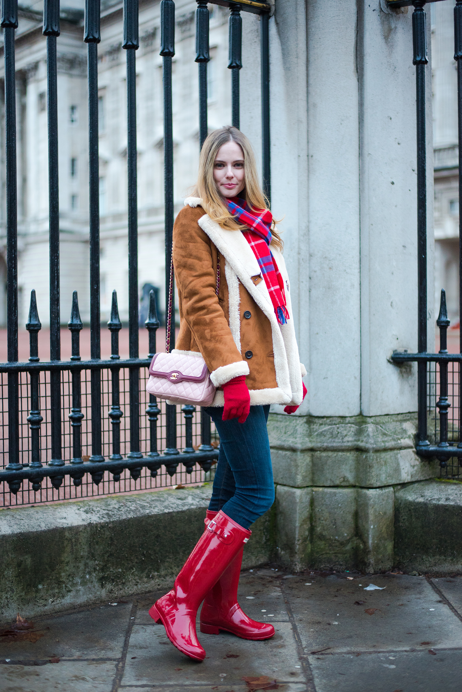Miss USA 2011 Alyssa Campanella of The A List blog wearing Topshop Faux Shearling Coat at Buckingham Palace in London