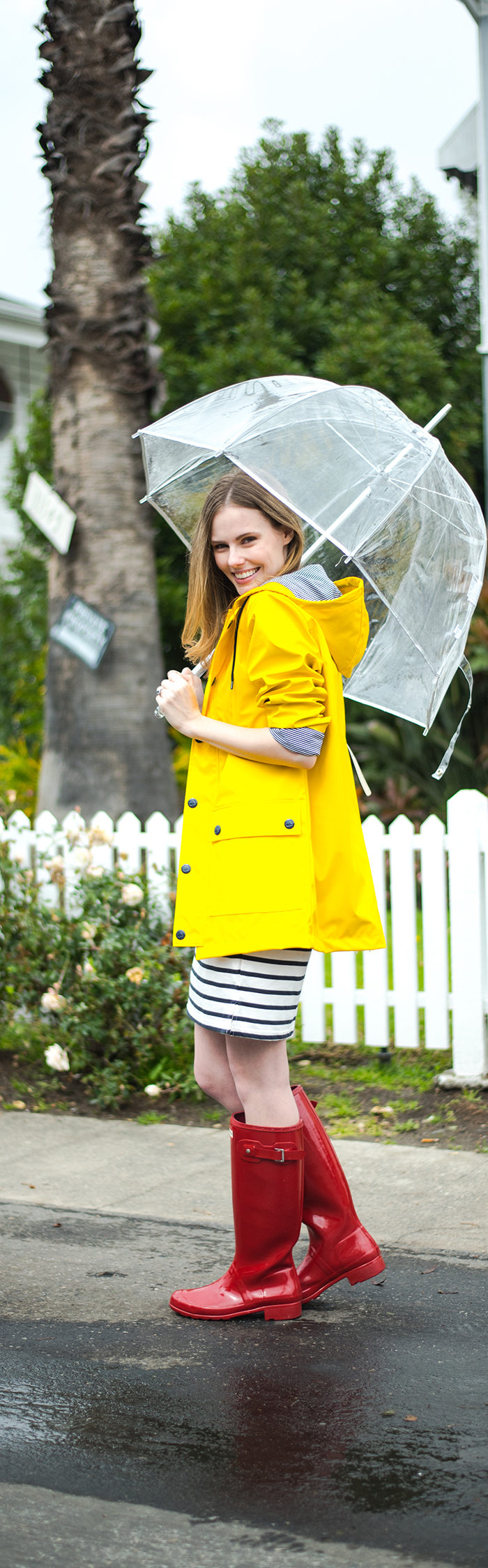 Miss USA 2011 Alyssa Campanella of The A List blog wearing Petit Bateau Rain Coat and Hunter red rain boots