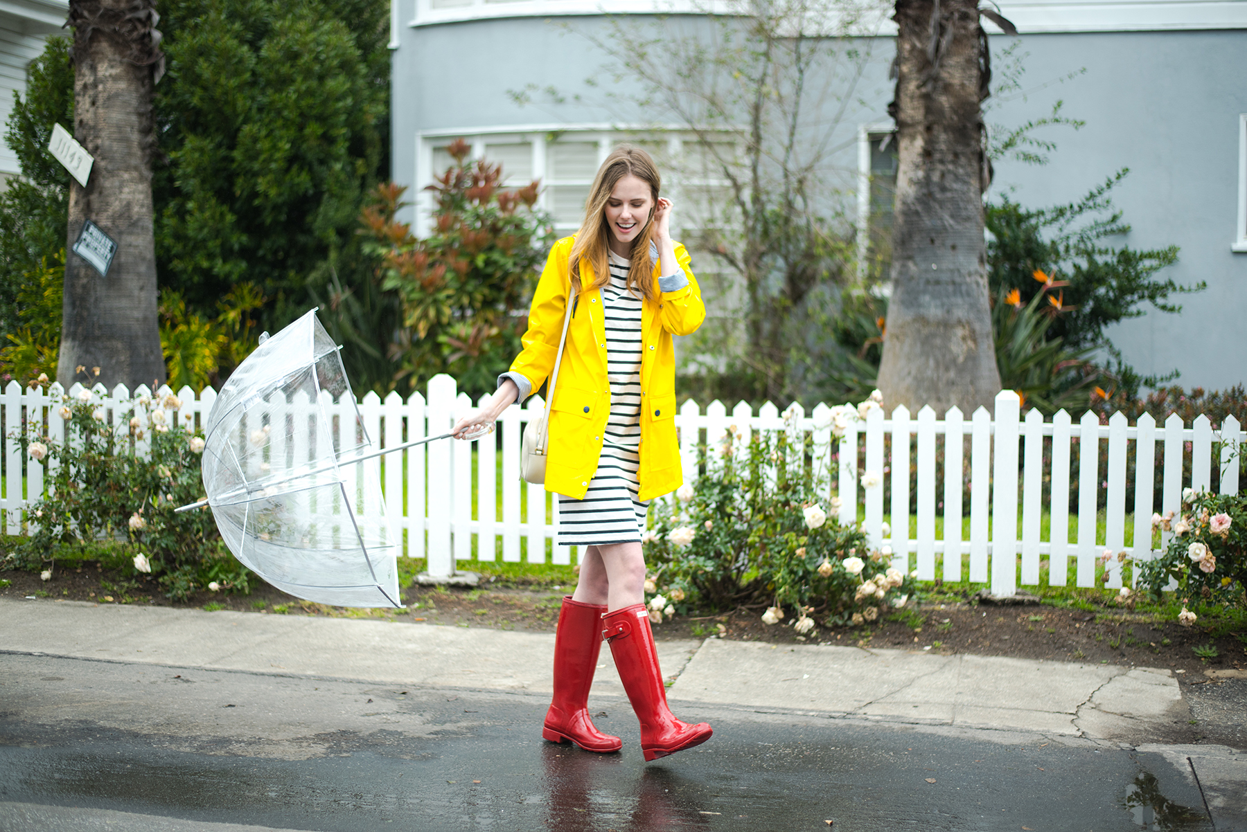 Miss USA 2011 Alyssa Campanella of The A List blog wearing Petit Bateau Rain Coat and Hunter red rain boots