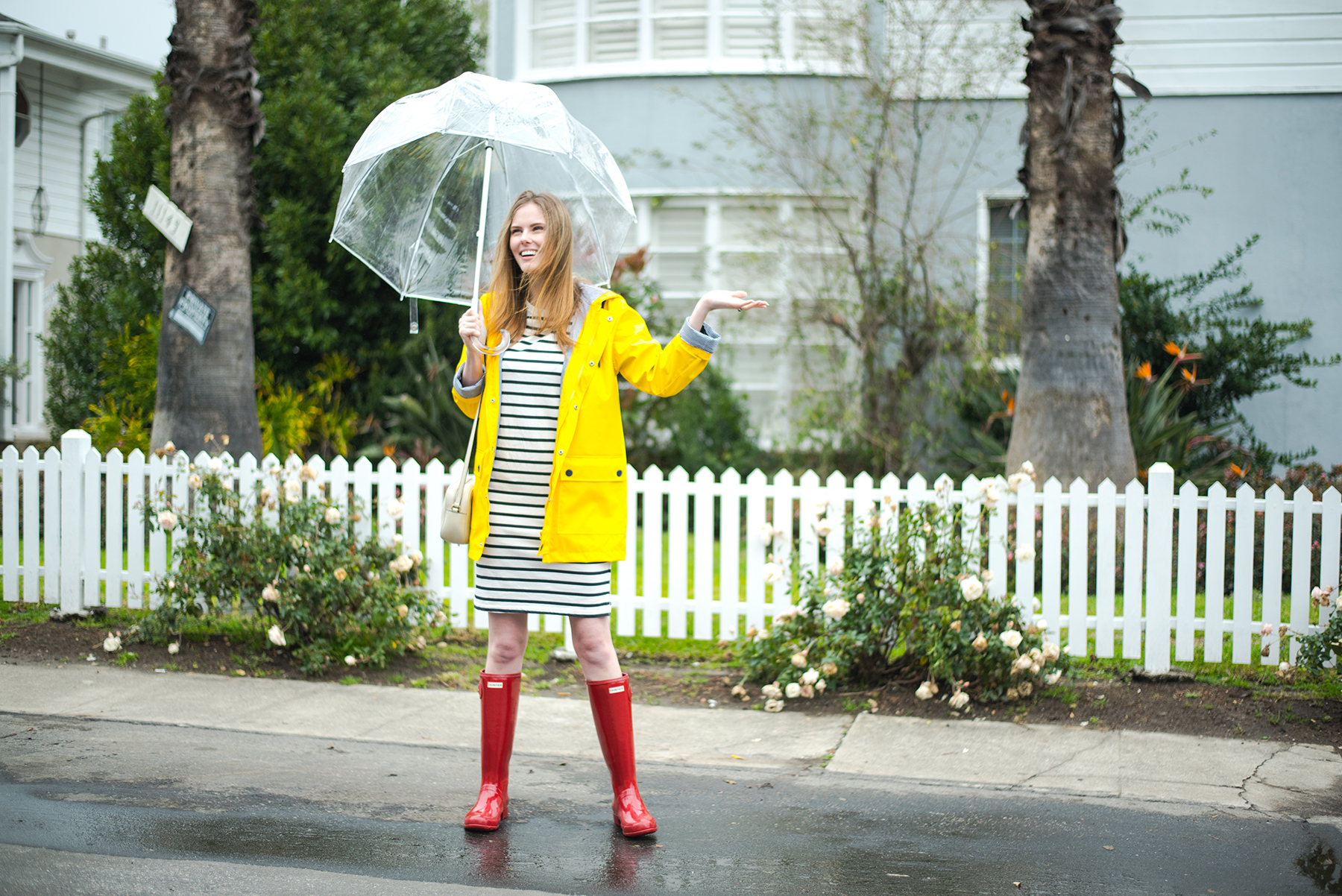 Miss USA 2011 Alyssa Campanella of The A List blog wearing Petit Bateau Rain Coat and Hunter red rain boots