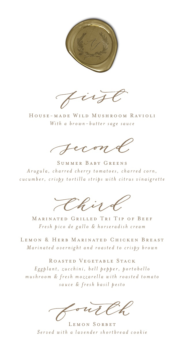 Miss USA 2011 Alyssa Campanella of The A List blog and Reign star Torrance Coombs share their wedding menu from Omni Catering Santa Barbara and Linen & Leaf calligraphy