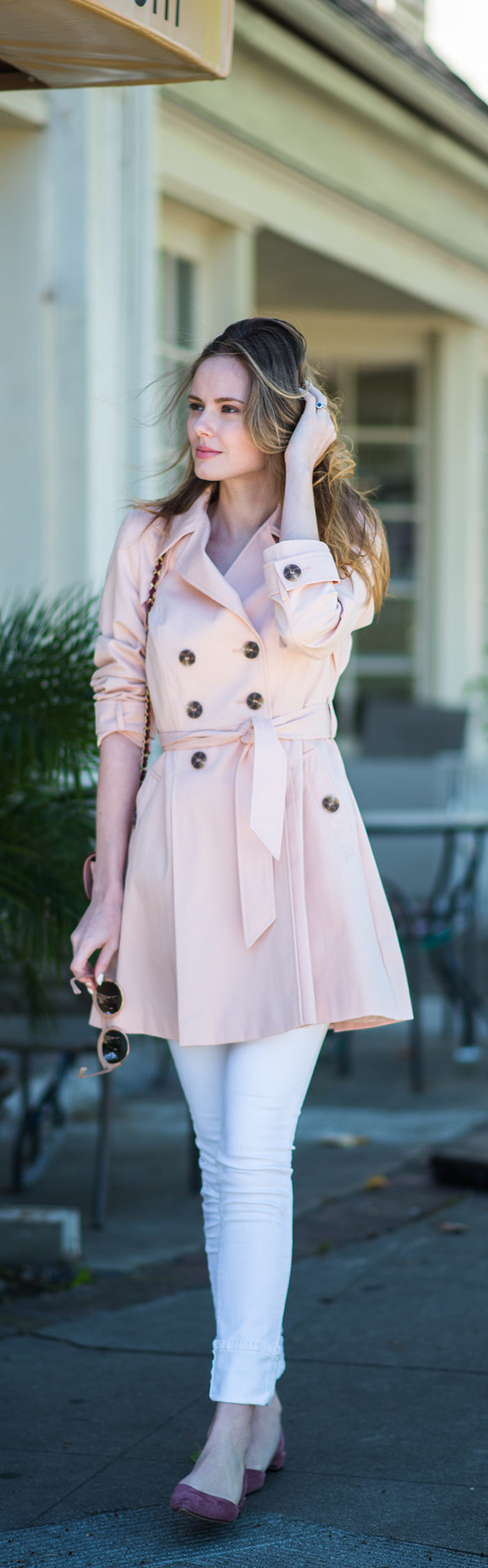 Miss USA 2011 Alyssa Campanella of The A List blog wearing a pink ASOS trench coat and Paul Andrew Rhea flats in Los Angeles