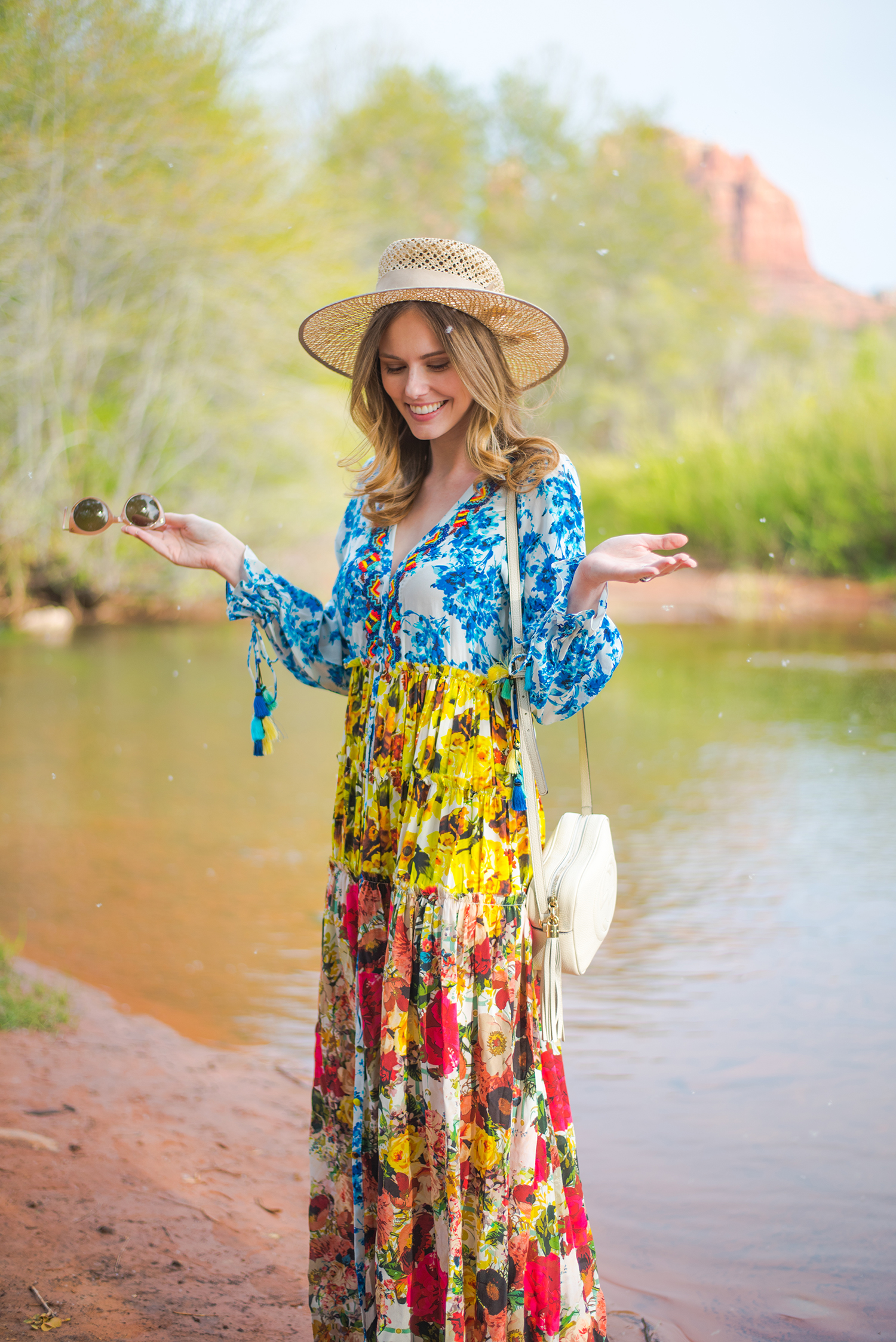 Miss USA 2011 Alyssa Campanella of The A List blog visits Cathedral Rock at Red Rock Crossing in Sedona wearing Rococo Sand Romantic Floral Maxi dress