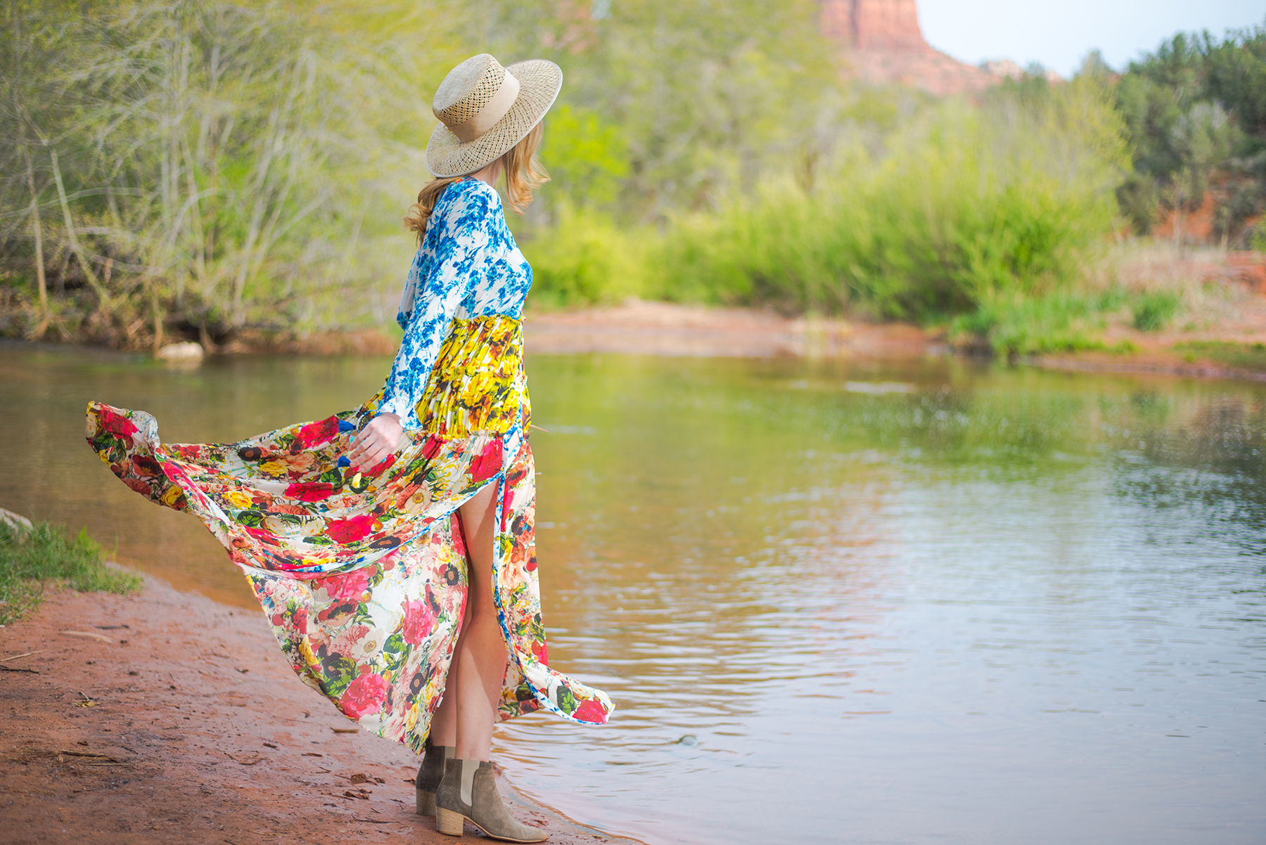 Miss USA 2011 Alyssa Campanella of The A List blog visits Cathedral Rock at Red Rock Crossing in Sedona wearing Rococo Sand Romantic Floral Maxi dress