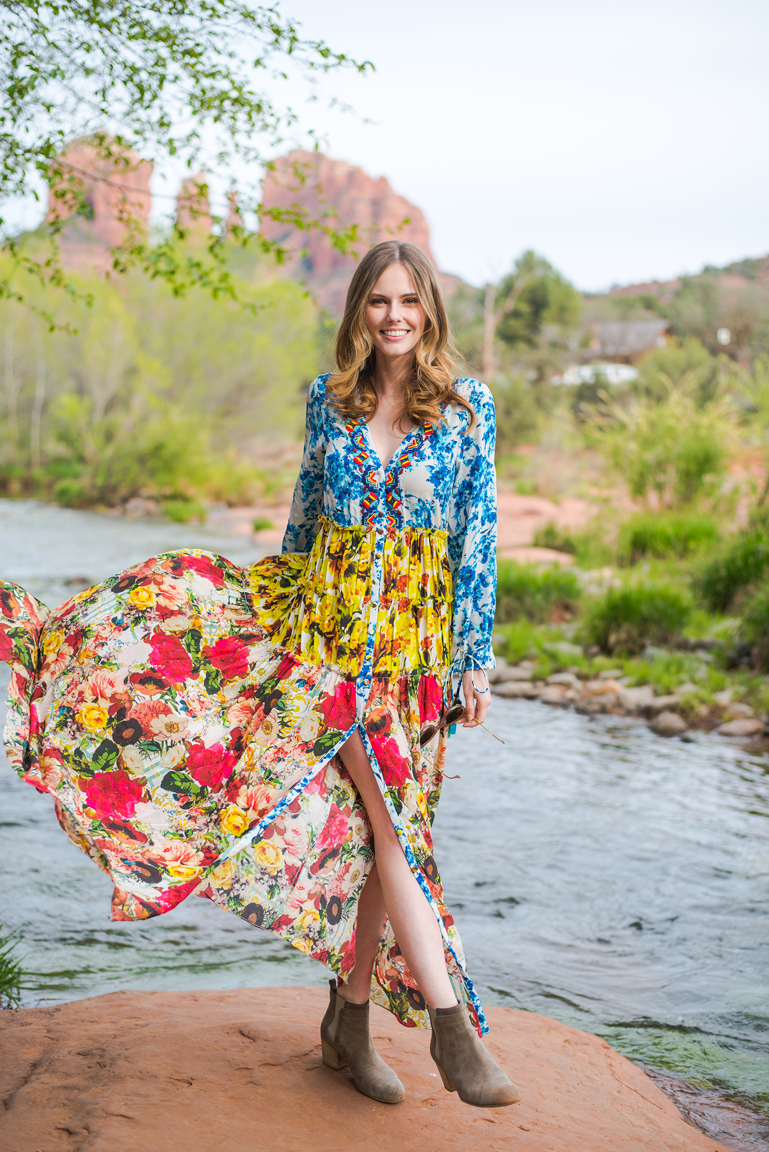 Miss USA 2011 Alyssa Campanella of The A List blog visits Cathedral Rock at Red Rock Crossing in Sedona wearing Rococo Sand Romantic Floral Maxi dress