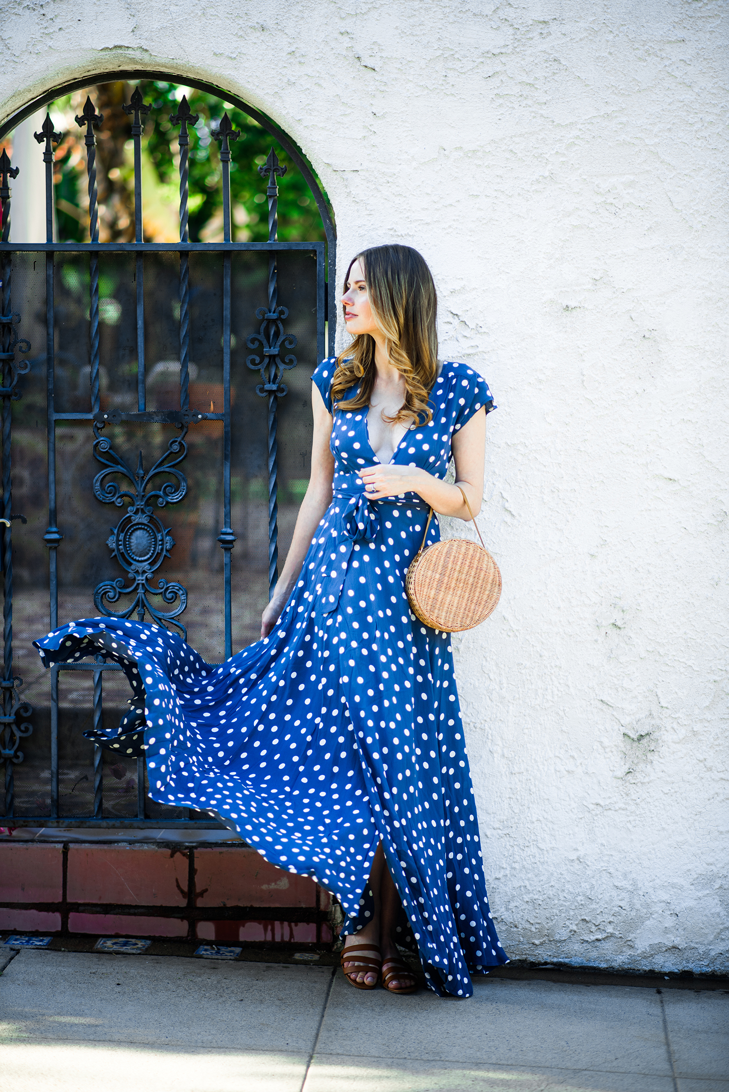 The A List Alyssa Campanella Spring Polka Dots Tularosa dress Serpui Destiny bag