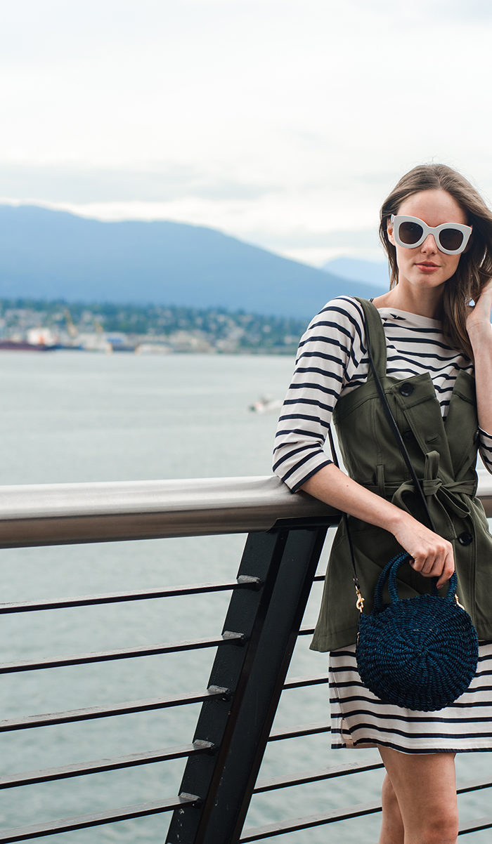 Alyssa Campanella The A List blog wearing Marissa Webb Trench Vest and Clare V Alice tote in downtown Vancouver