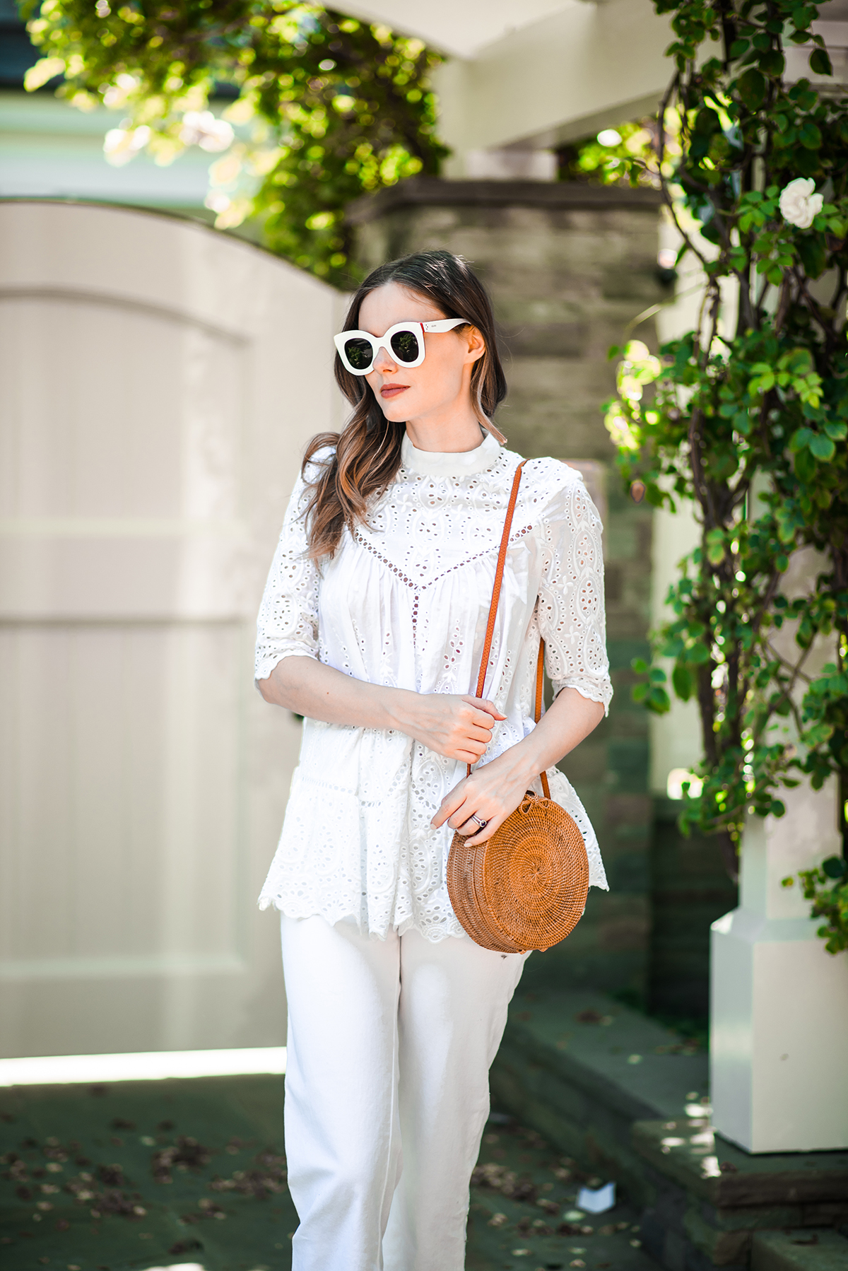 Alyssa Campanella of The A List blog wearing white eyelet Zimmermann top and Rebecca Taylor jeans