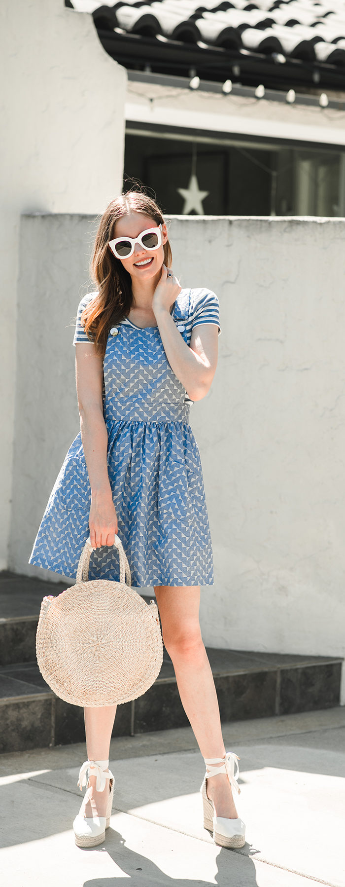 Alyssa Campanella of The A List blog wearing Related Scout dress and Clare V alice bag and Castaner Carina wedges