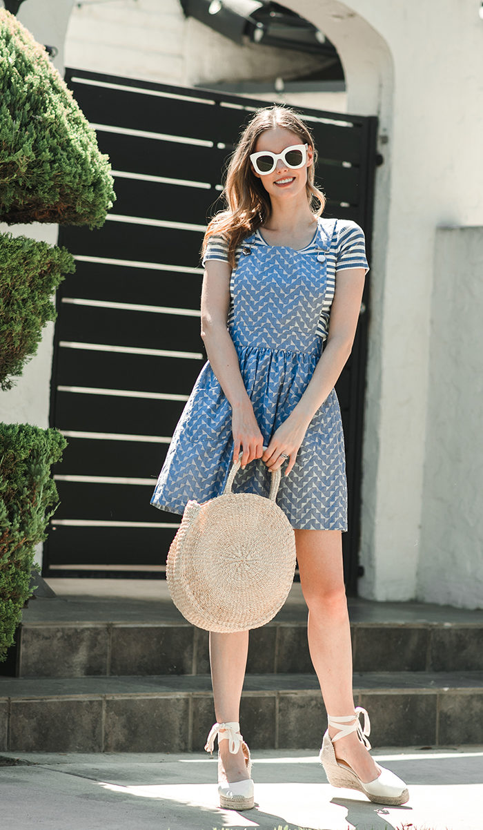 Alyssa Campanella of The A List blog wearing Related Scout dress and Clare V alice bag and Castaner Carina wedges