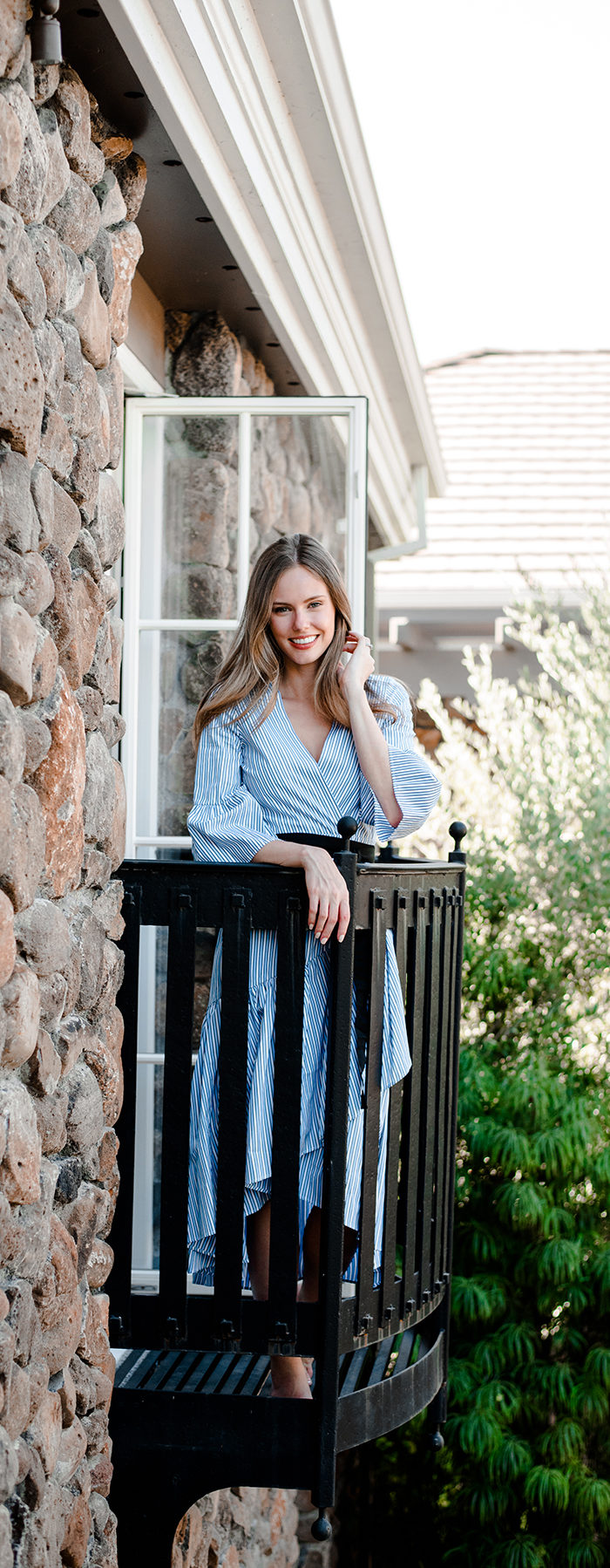 Alyssa Campanella of The A List blog visits Hotel Yountville wearing MDS Stripes wrap ruffle dress