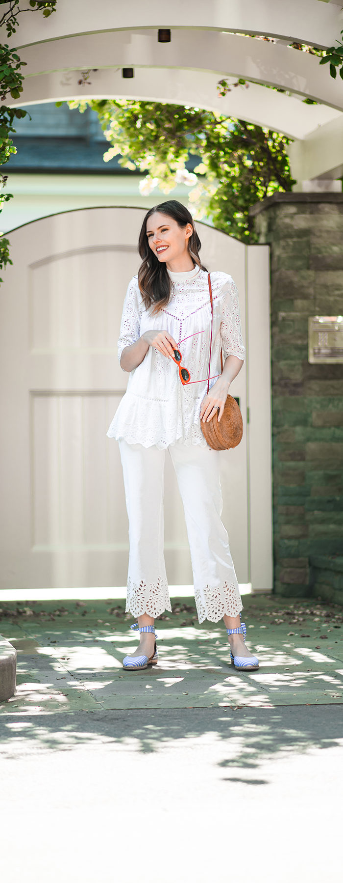 Alyssa Campanella of The A List blog wearing white eyelet Zimmermann top and Rebecca Taylor jeans and MDS Stripes Margaux NY espadrilles.