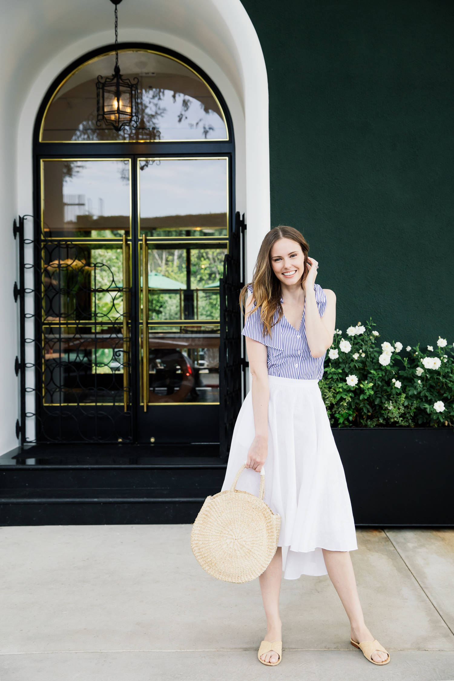 Alyssa Campanella The A List blog Favorite Summer Sandals wearing Carrie Forbes Salon sandals and Clare V Alice Tote