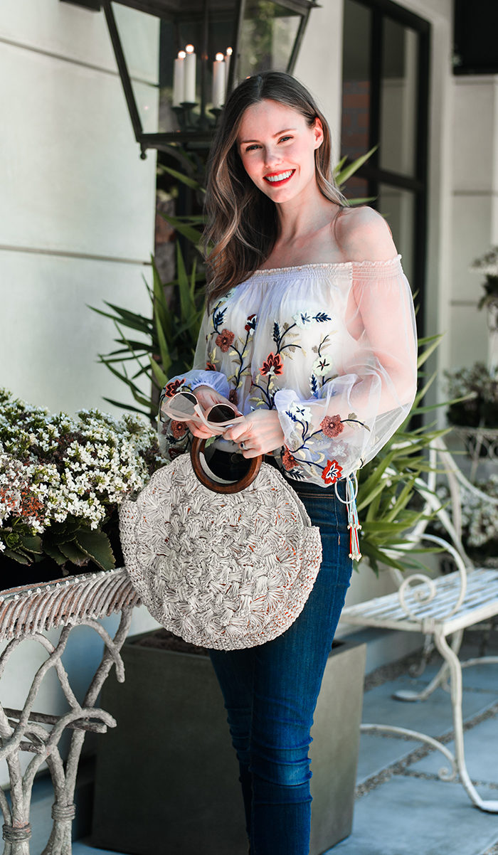 Alyssa Campanella The A List blog first date looks wearing Rococo Sand top and Kayu Coco bag and Castaner Carina wedges