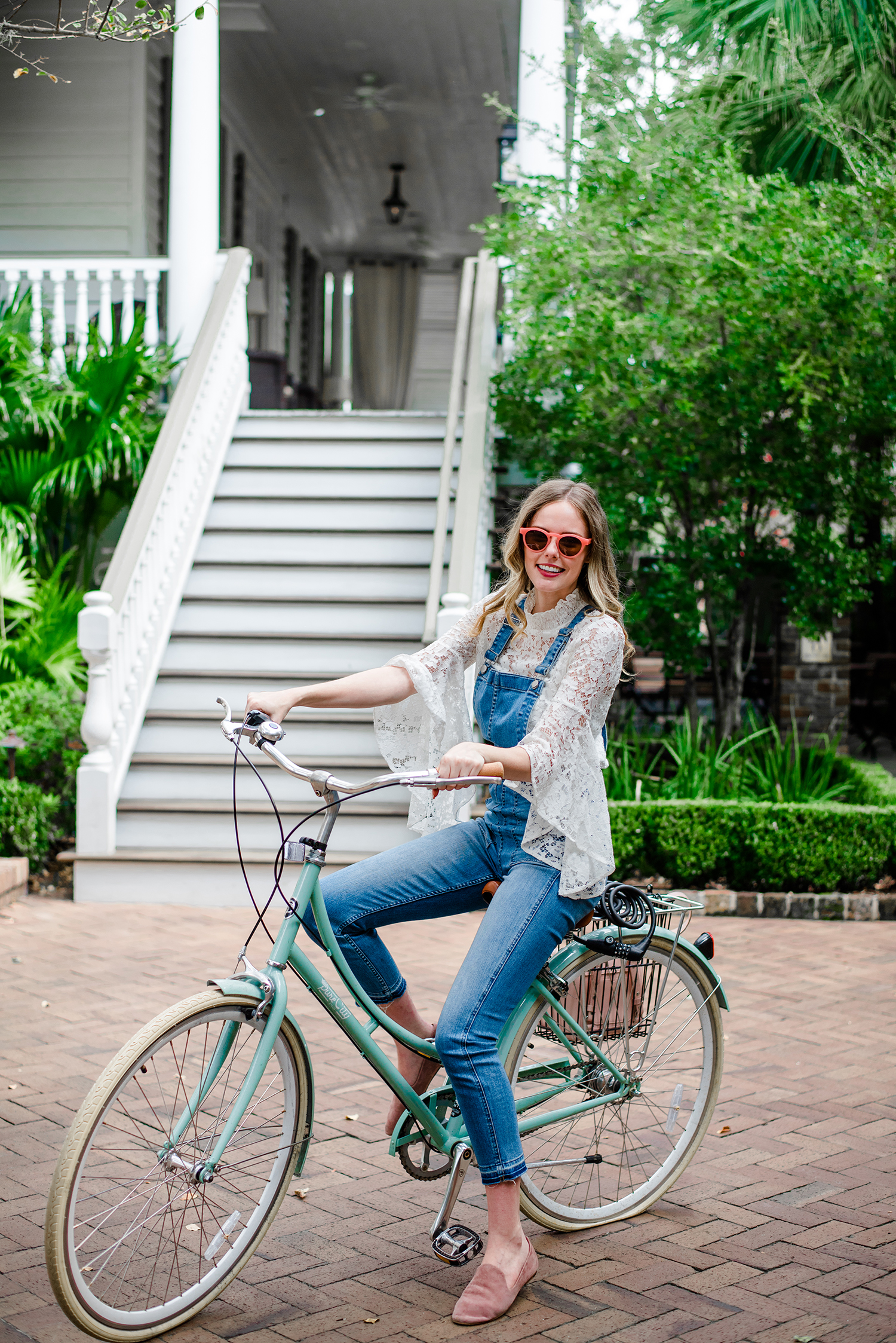 Alyssa Campanella of The A List blog visits Zero George in Charleston wearing Wayf Citha lace top and Vince Milo loafers