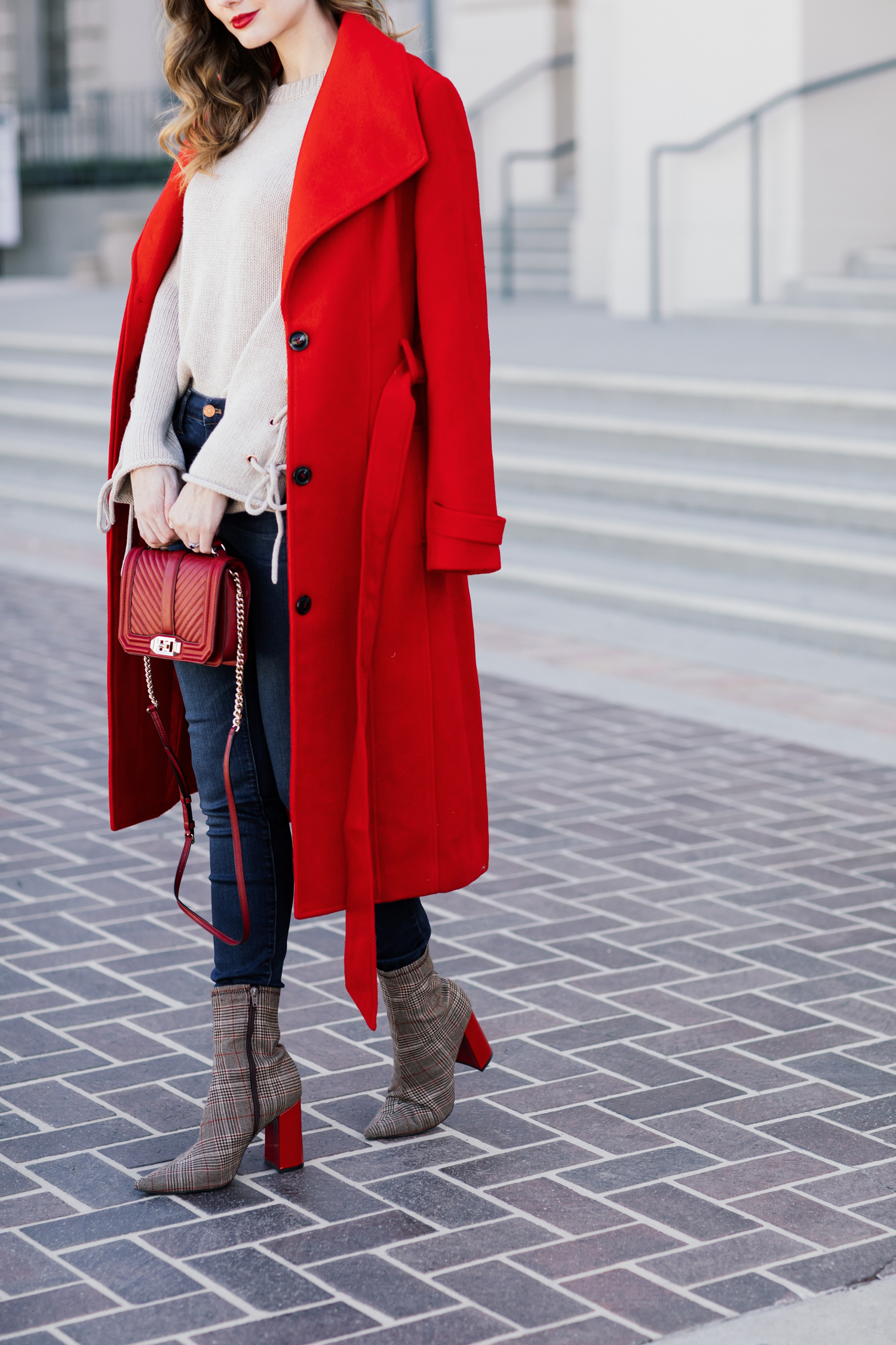 Alyssa Campanella of The A List blog wears Yumi Kim Undercover Red Coat, Jeffrey Campbell Siren boots, and See by Chloe lace up sweater