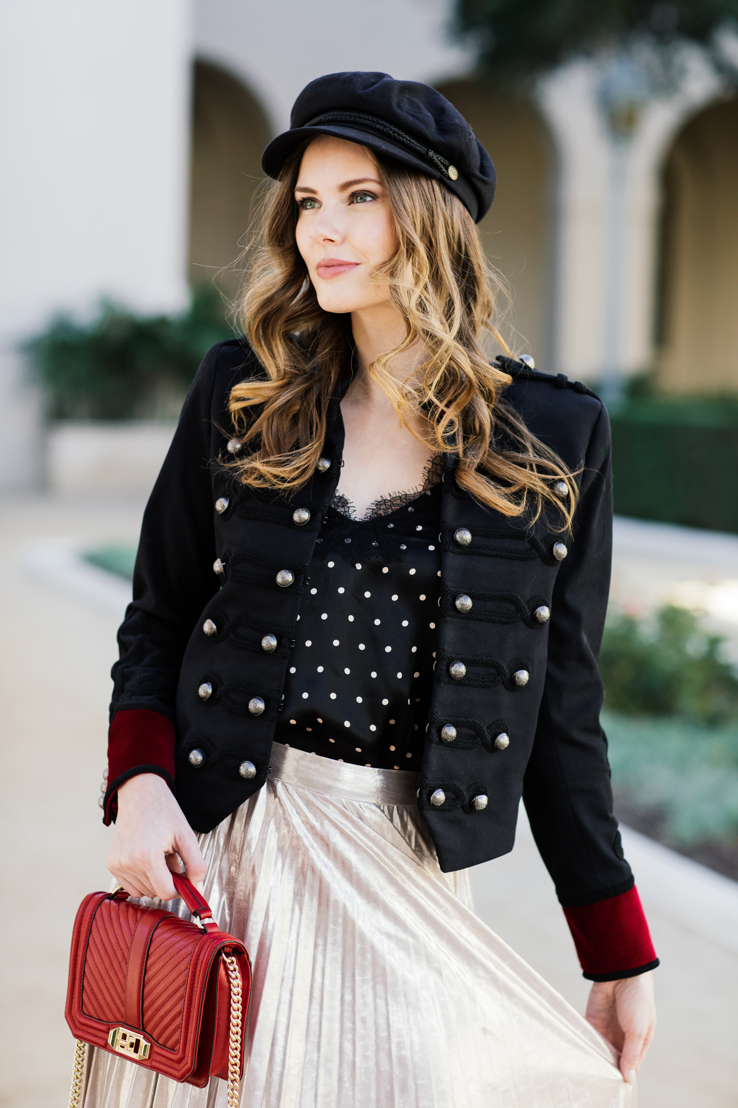 Alyssa Campanella of The A List blog wearing The Kooples military jacket and 1. State pleated skirt