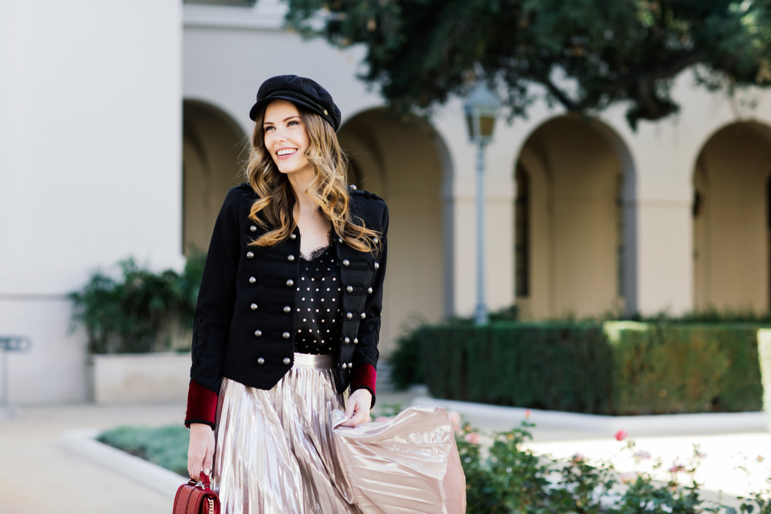 Alyssa Campanella of The A List blog wearing The Kooples military jacket and 1. State pleated skirt