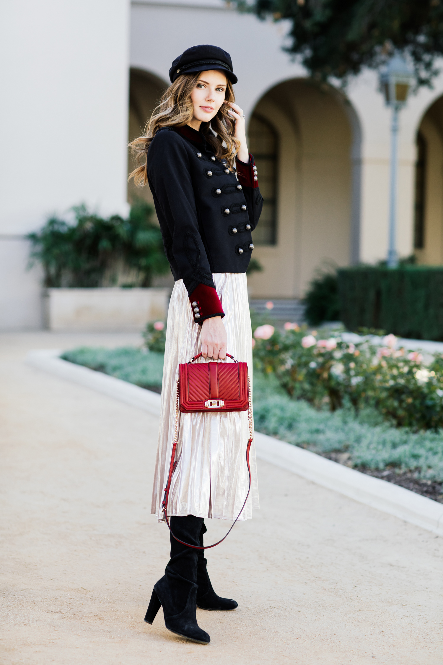 Alyssa Campanella of The A List blog wearing The Kooples military jacket and 1. State pleated skirt