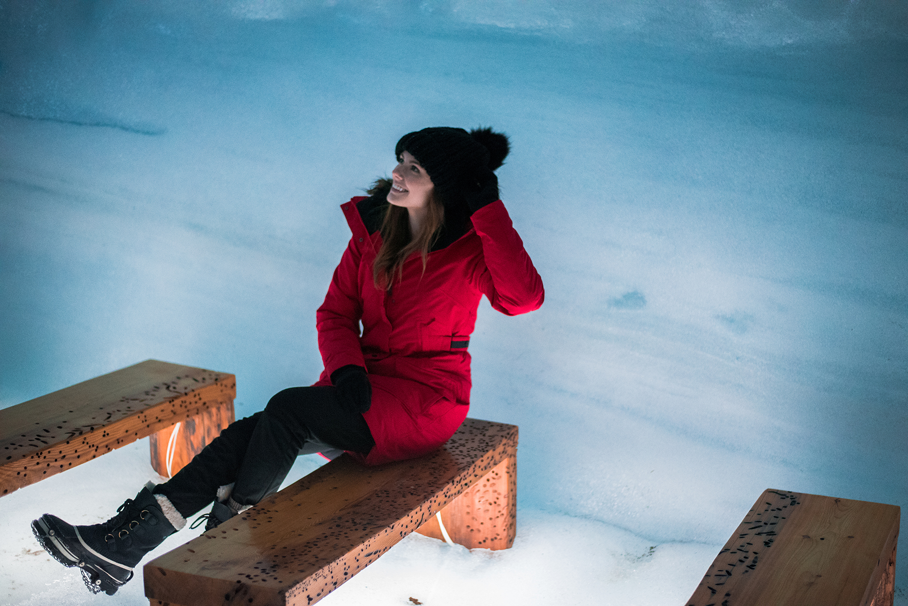 Alyssa Campanella of The A List visits Langjokull with Into The Glacier in West Iceland wearing The North Face Outer Boroughs coat