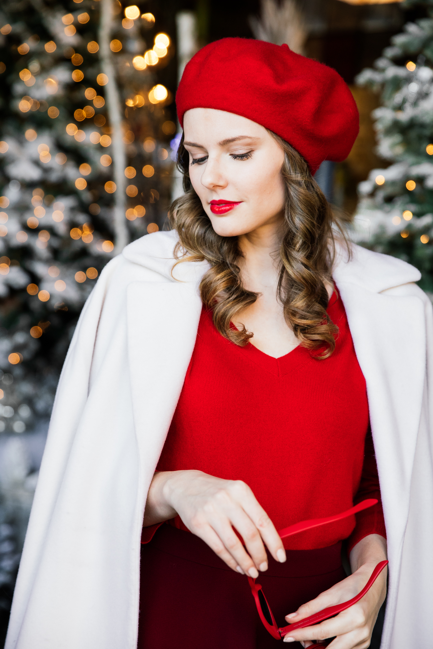 Alyssa Campanella of The A List blog shares her last minute holiday look wearing Talbots cashmere v-neck sweater, Club Monaco Leala red skirt, and a red Topshop beret