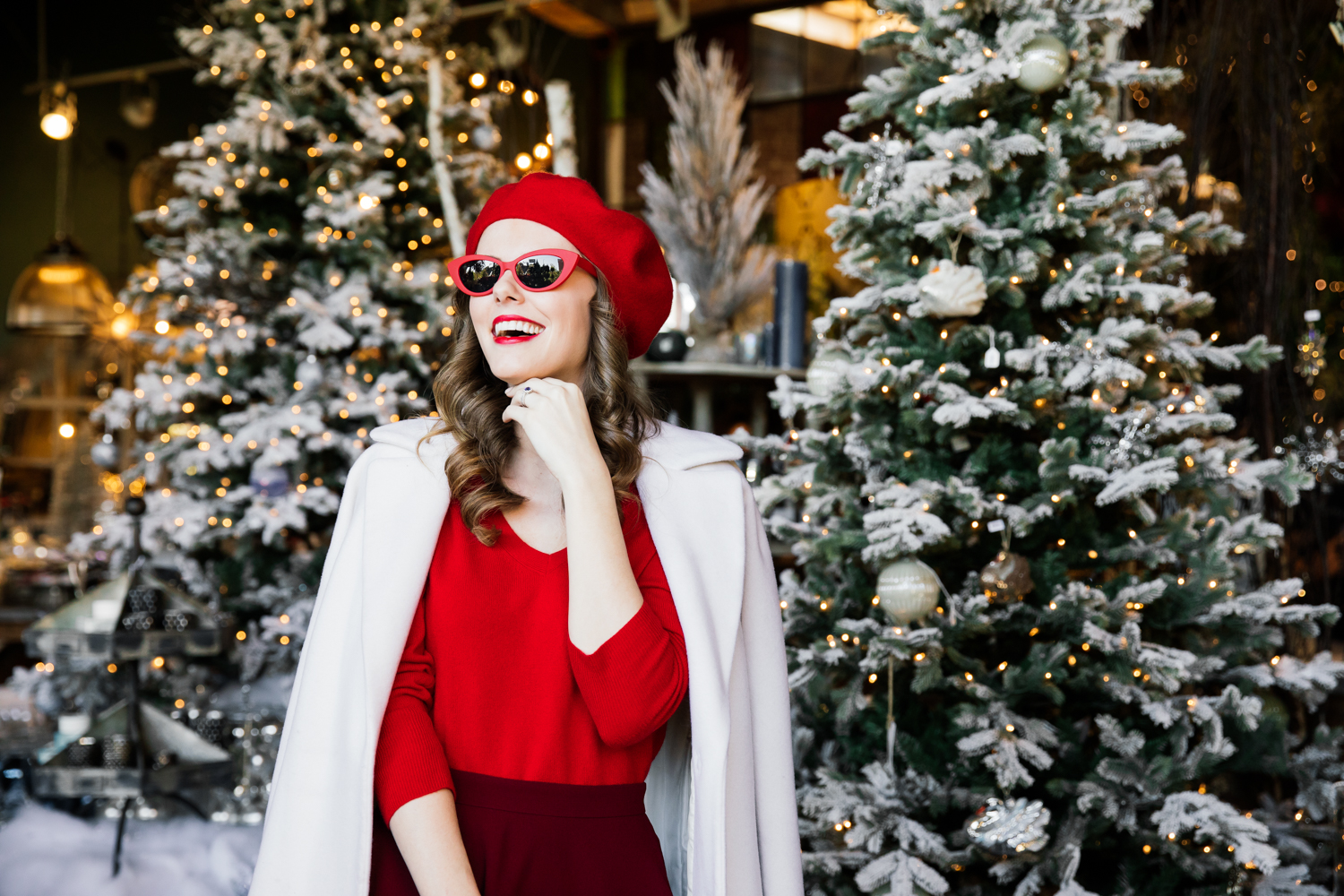 Alyssa Campanella of The A List blog shares her last minute holiday look wearing Talbots cashmere v-neck sweater, Club Monaco Leala red skirt, and a red Topshop beret