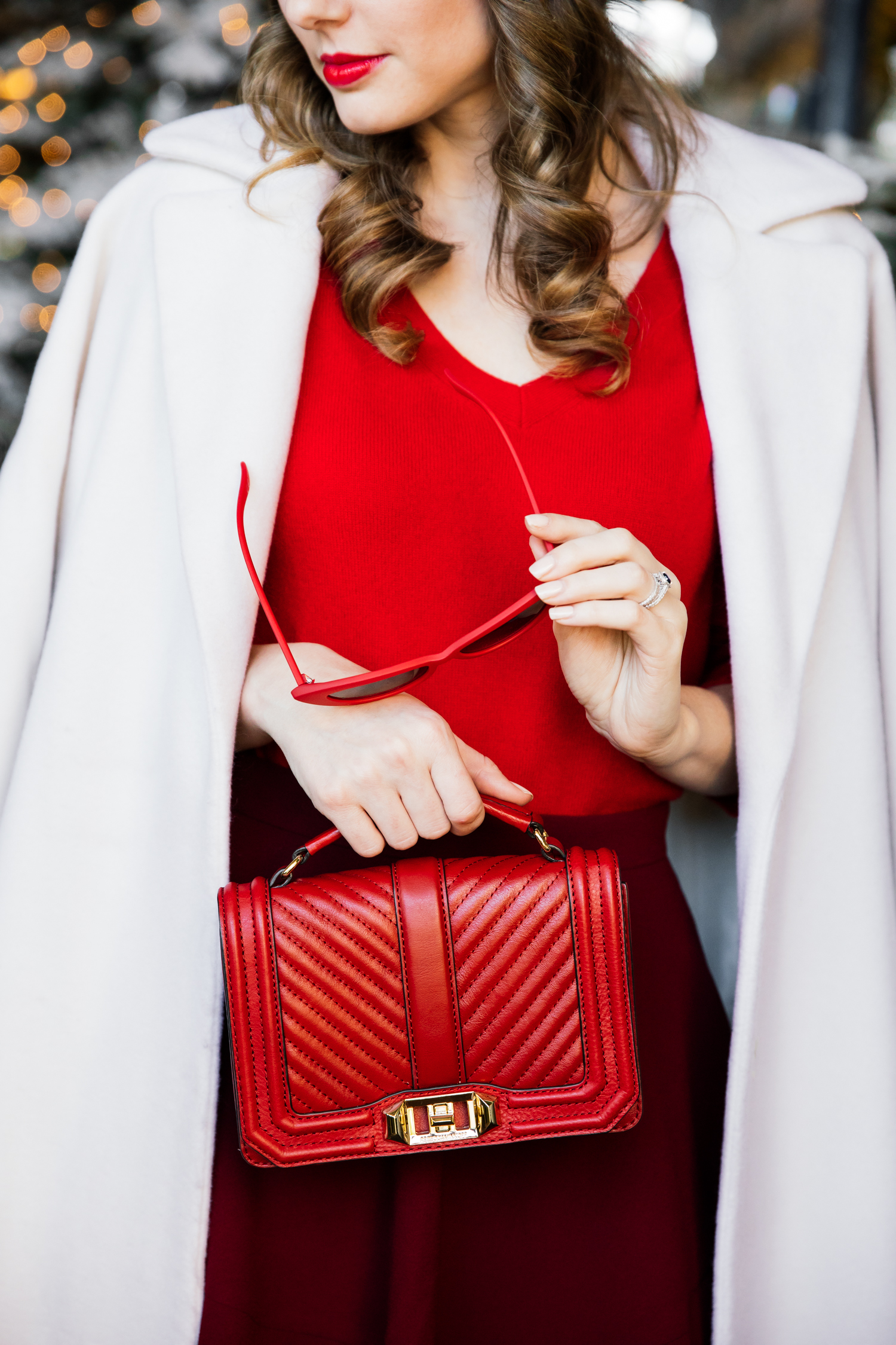 Alyssa Campanella of The A List blog shares her last minute holiday look wearing Talbots cashmere v-neck sweater, Club Monaco Leala red skirt, and a red Topshop beret