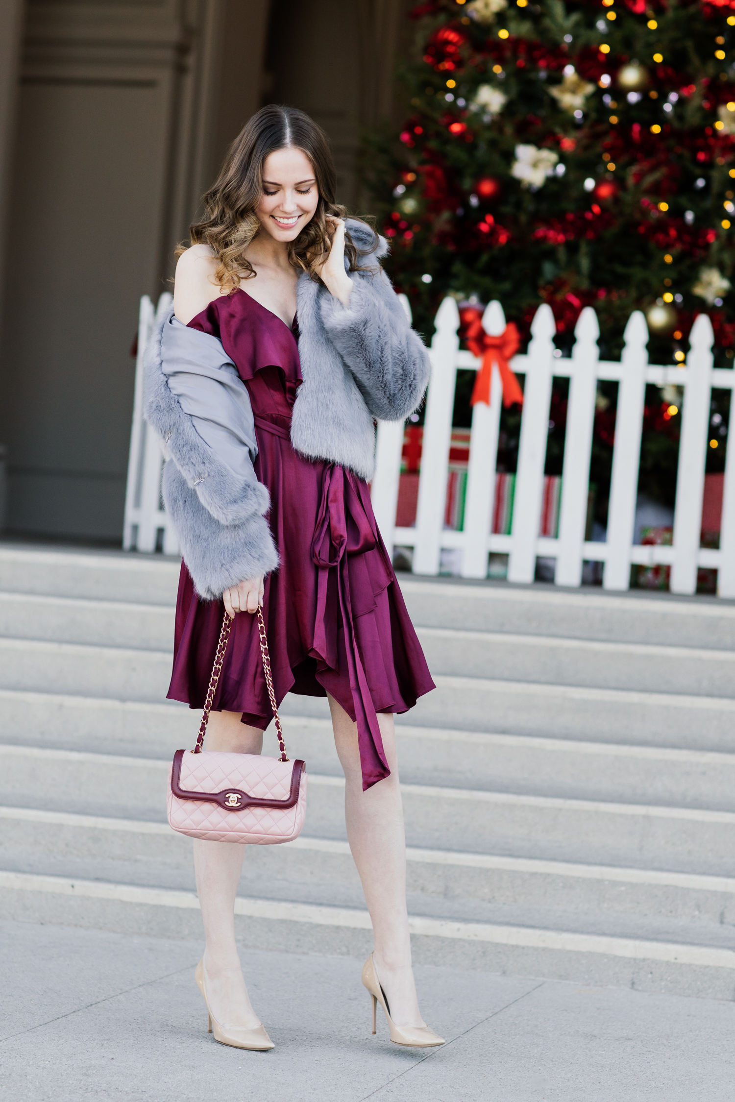 Alyssa Campanella of The A List blog shares her NYE outfit idea wearing Topshop Claire coat and Wayf Rachelle dress