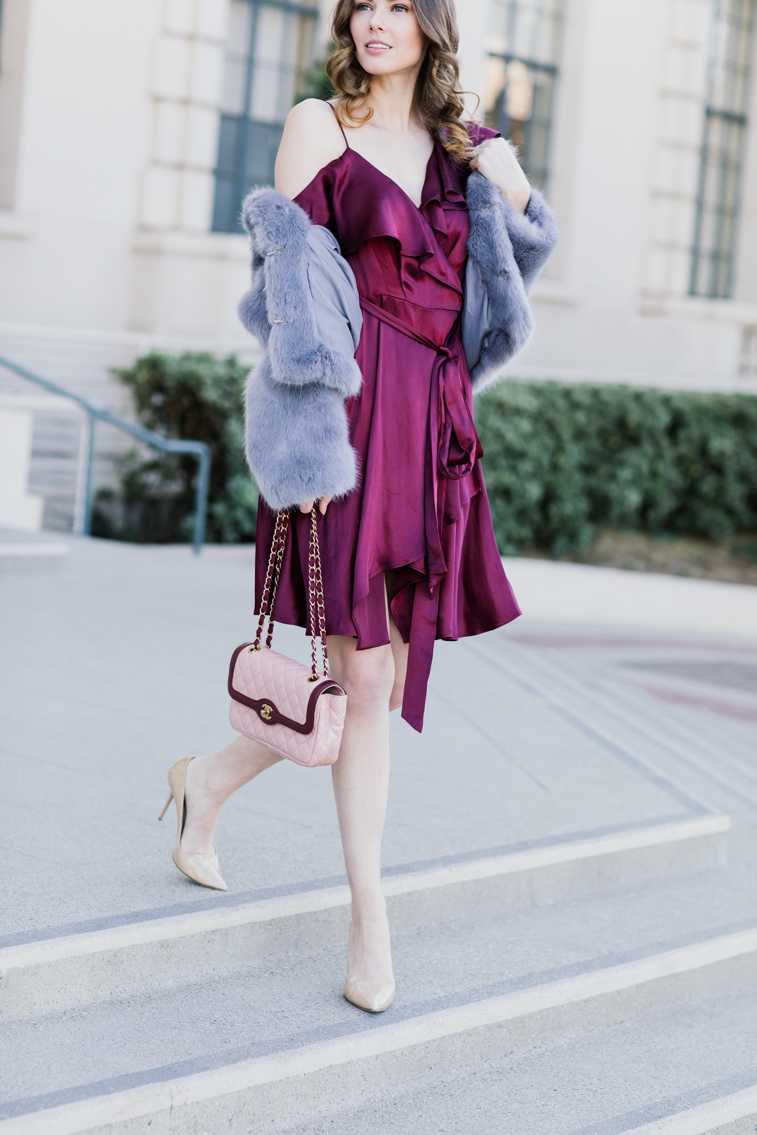 Alyssa Campanella of The A List blog shares her NYE outfit idea wearing Topshop Claire coat and Wayf Rachelle dress