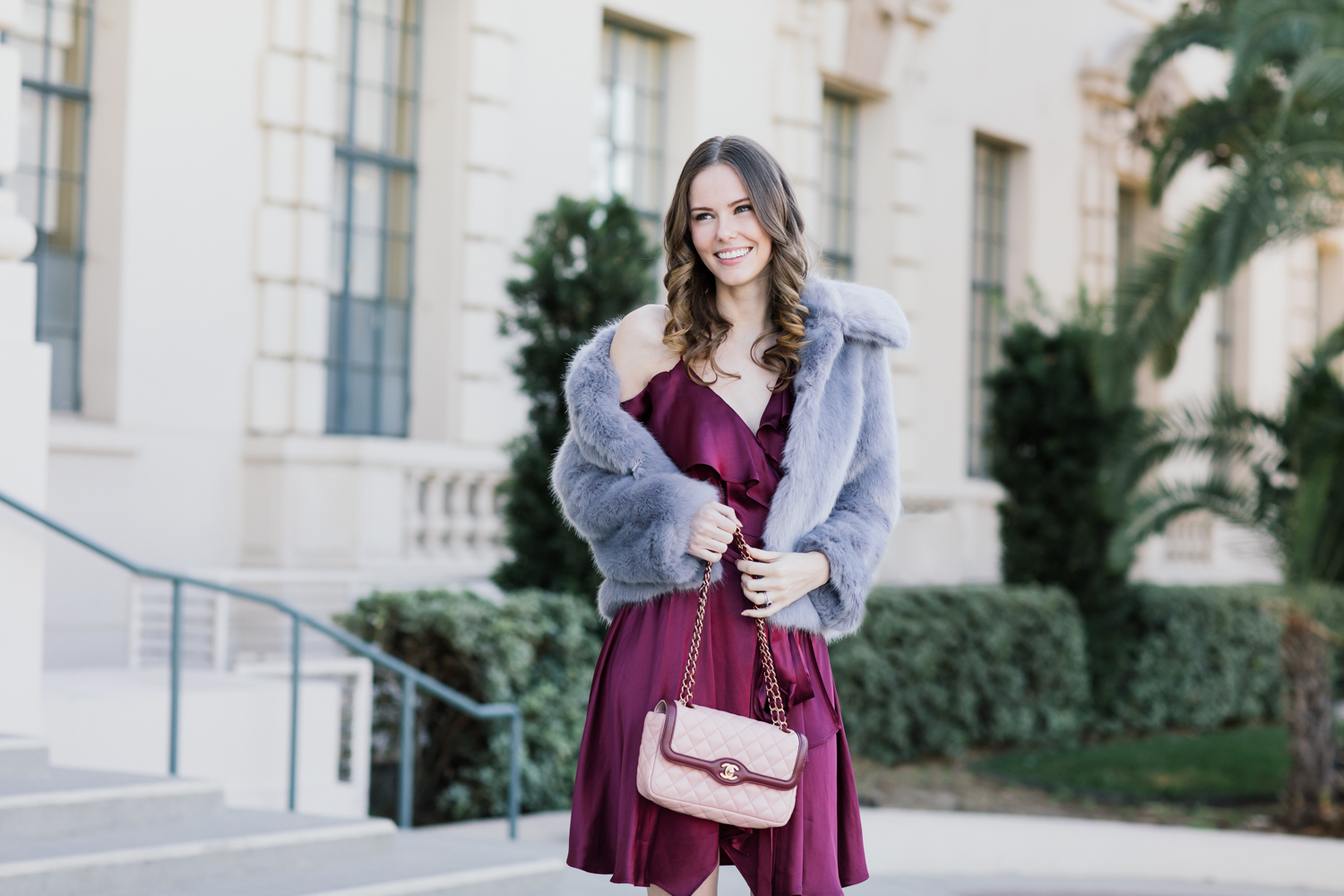 Alyssa Campanella of The A List blog shares her NYE outfit idea wearing Topshop Claire coat and Wayf Rachelle dress