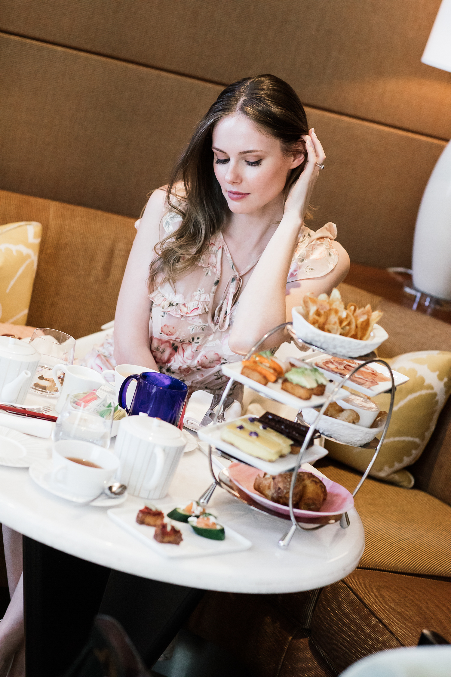 Alyssa Campanella of The A List blog visits Waldorf Beverly Hills for a birthday high tea wearing RahiCali Magnolia Ruffle Dress