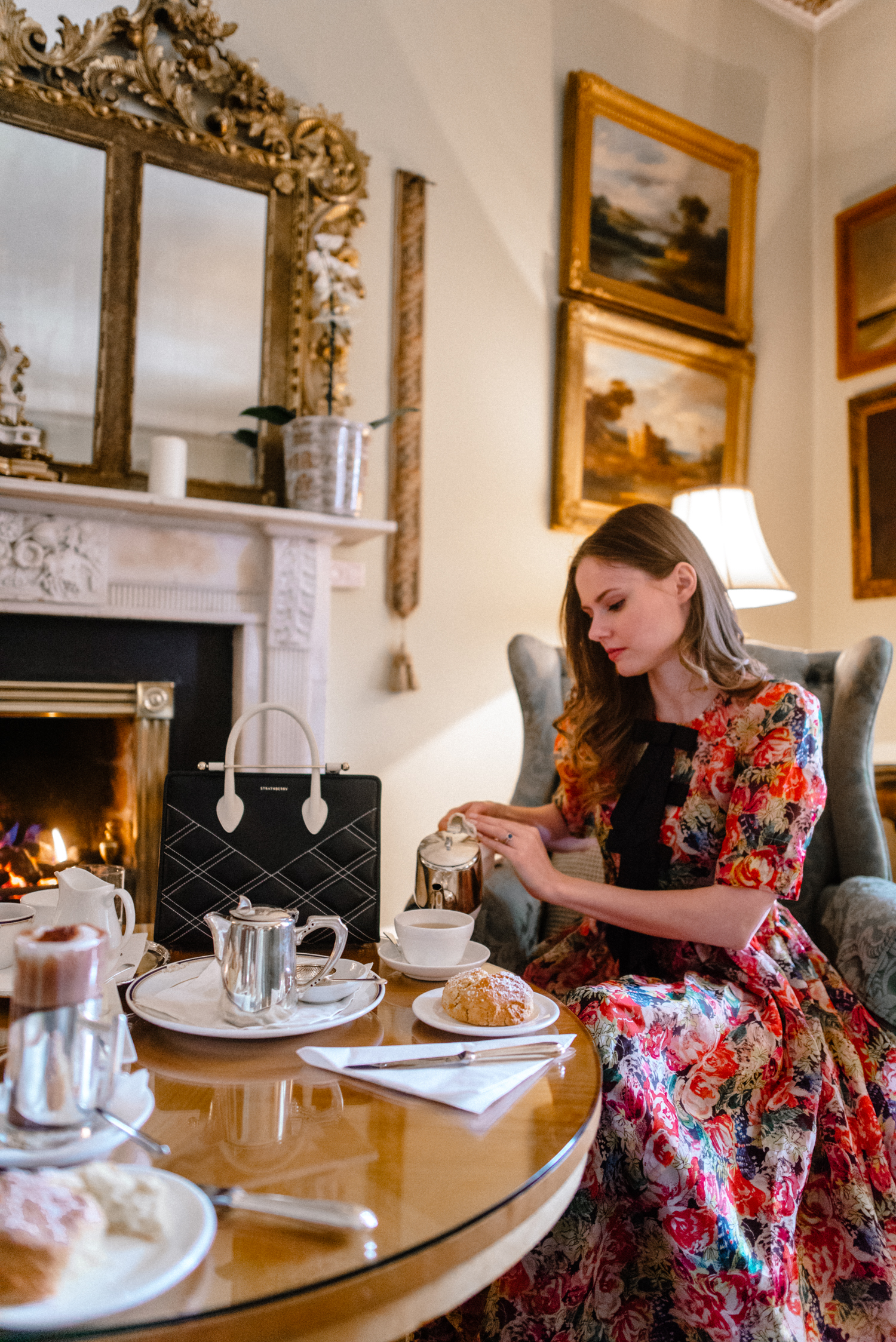 Alyssa Campanella of The A List enjoys afternoon tea at Marlfield House with the Strathberry Quilted Midi Tote Bag