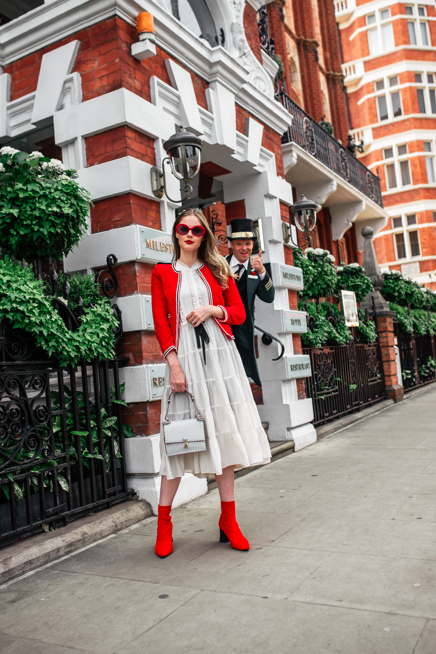 Alyssa Campanella of The A List blog experiences luxury in London at the Milestone hotel wearing The Kooples jacket, Ulla Johnson dress, and Fendi Kan I bag