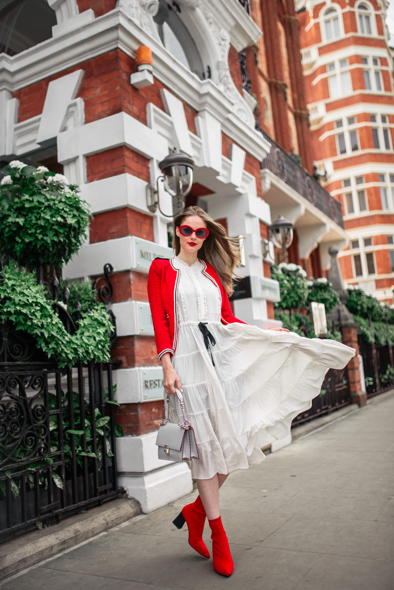Alyssa Campanella of The A List blog experiences luxury in London at the Milestone hotel wearing The Kooples jacket, Ulla Johnson dress, and Fendi Kan I bag