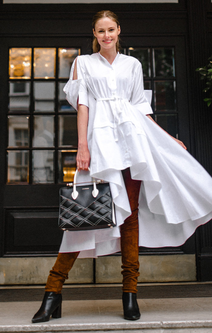 Alyssa Campanella of The A List blog wears Palmer Harding Sequel shirt with Strathberry midi tote bag in London